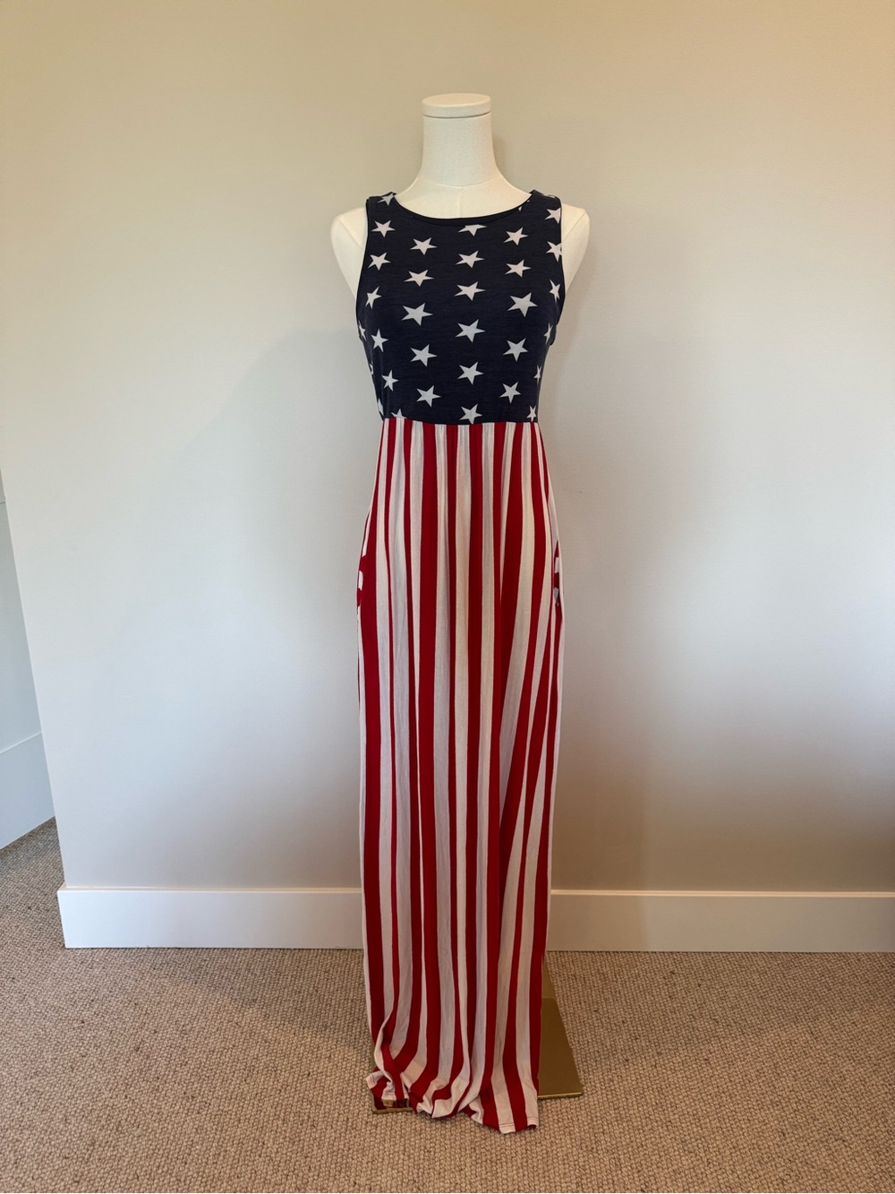 Sleeveless American Star & Stripe Maxi Dress - Red, White & Blue